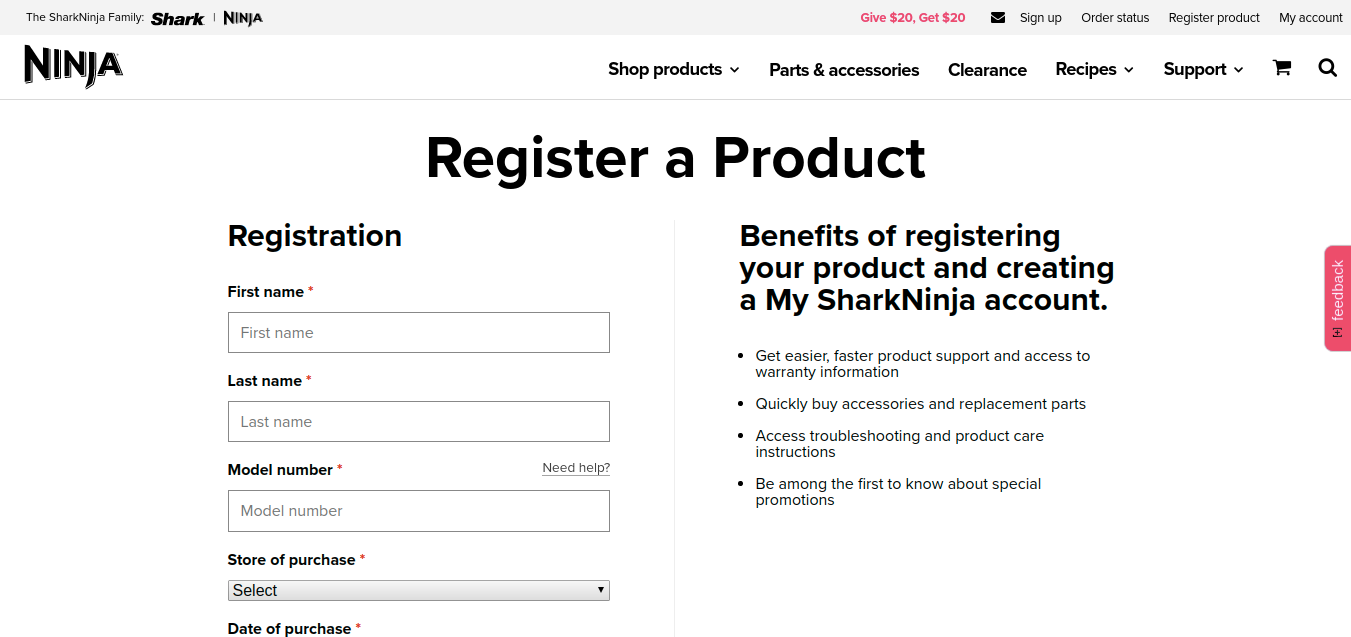 My SharkNinja Register a Product