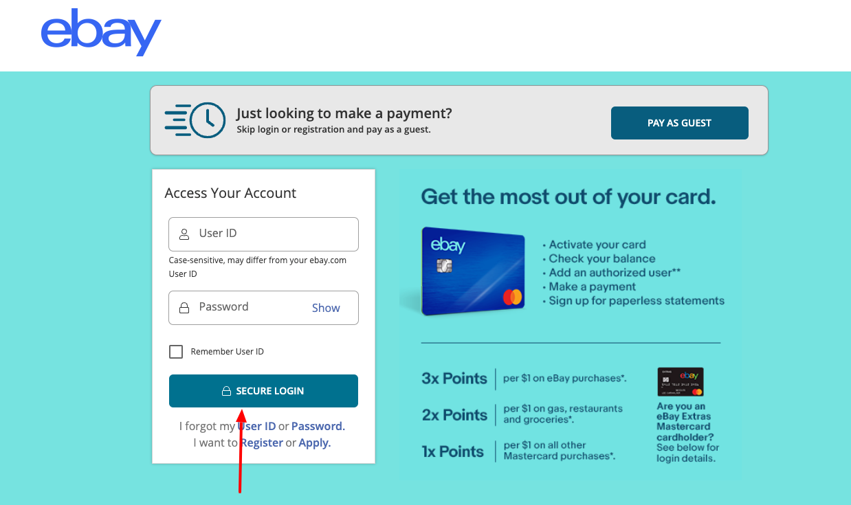 ebay credit card login
